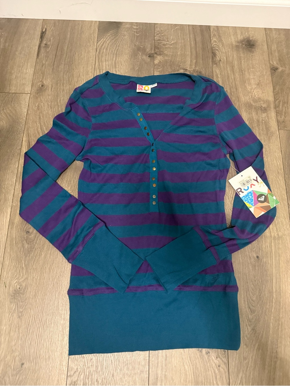 Roxy Teal and Purple Striped Long Sleeve Henley Top - Picture 9 of 12